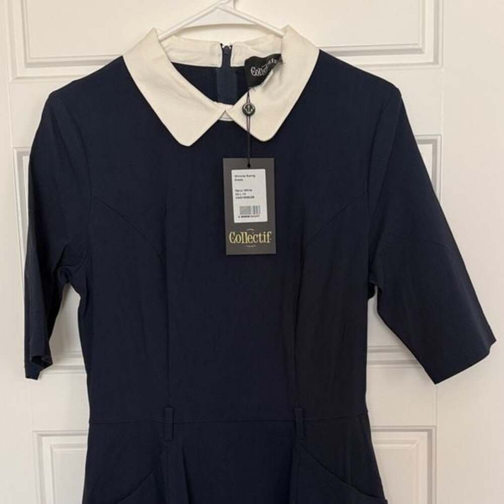 Collectif Winona Swing Dress Navy White Peter Pan Collar NWT Size L UK 14 - Picture 5 of 6
